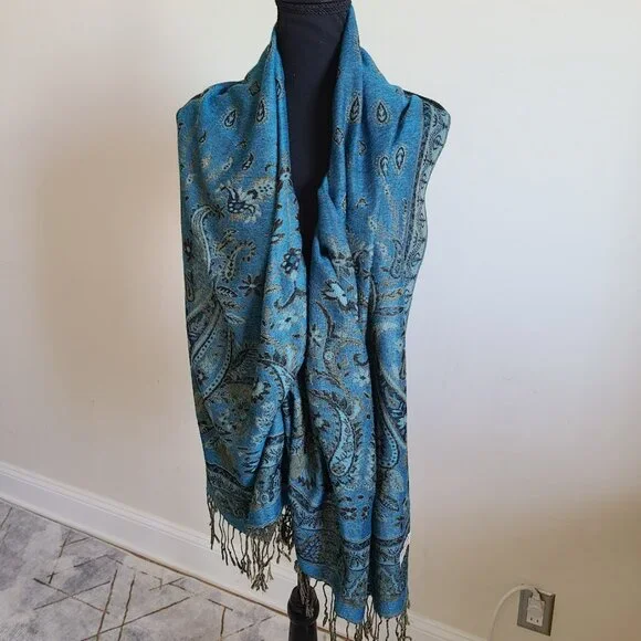 Pashmina Shawl Scarf Cashmere Silk Teal Blue Turquoise Black Paisley Wrap 68x26 - Picture 4 of 7